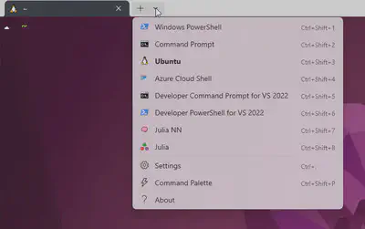 Screenshot of Windows Terminal menu of opening new profiles